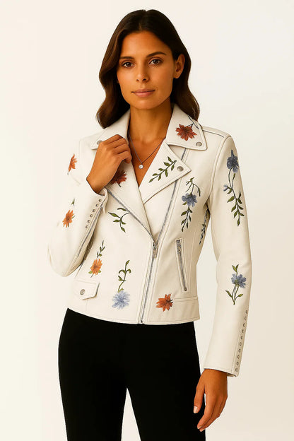 Women's Leather Jacket Black Faux Leather Form-fitting With Embroidered Details Elegant Cut