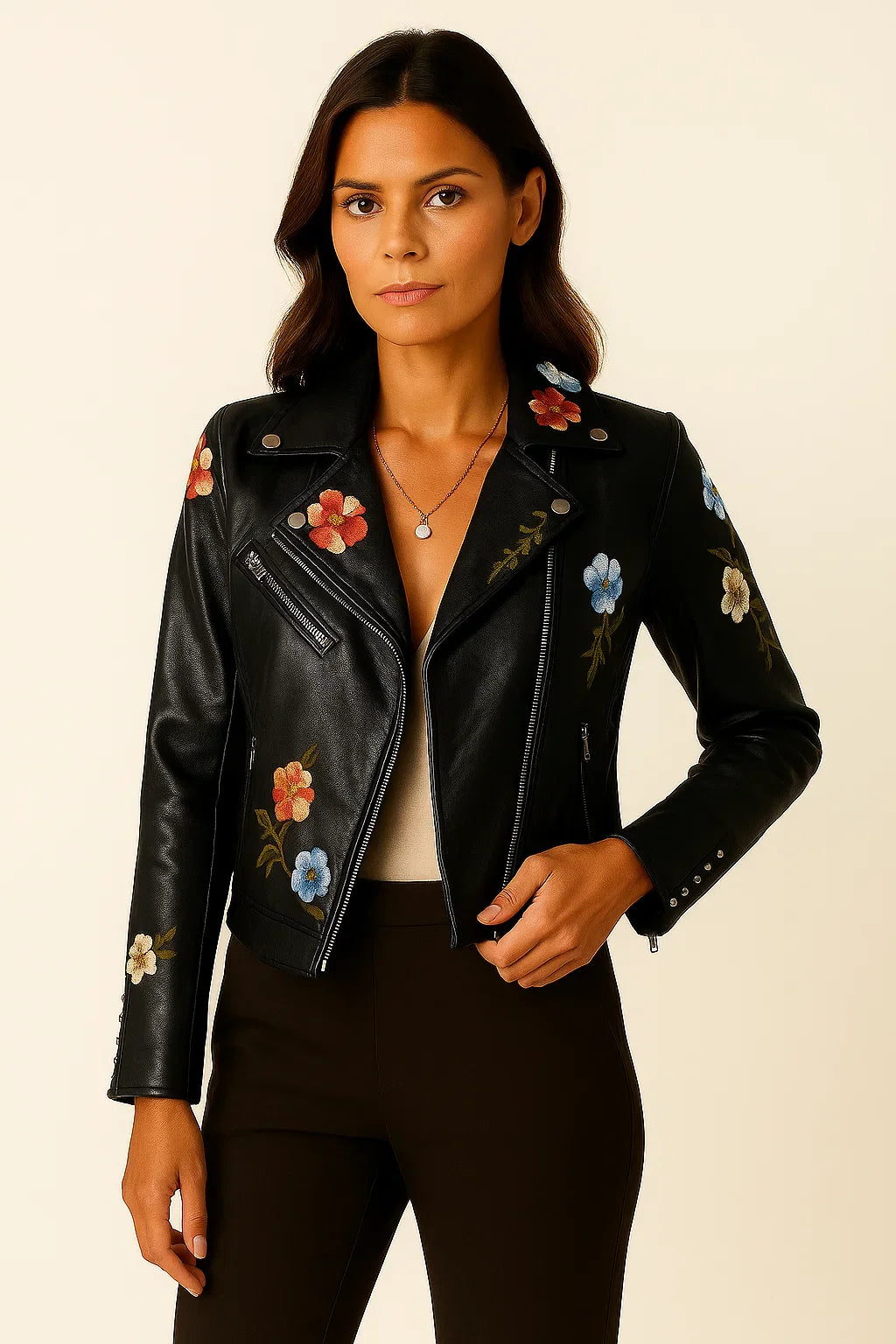 Women's Leather Jacket Black Faux Leather Form-fitting With Embroidered Details Elegant Cut