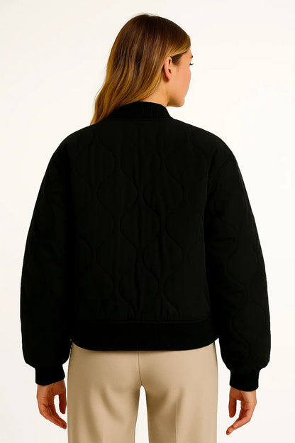 Women's Bomber Jacket Black Cotton Casual Comfortable Design With Side Pockets