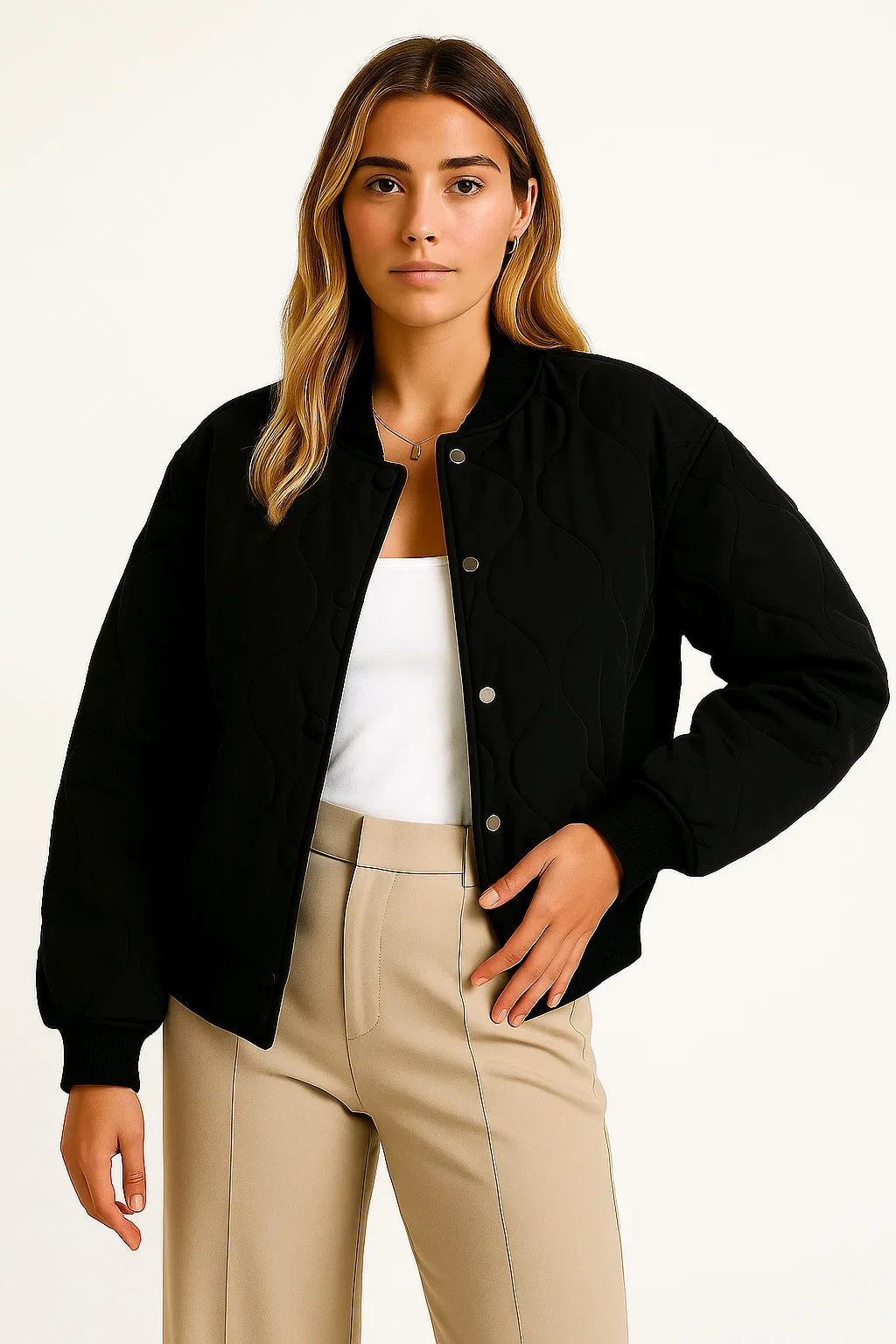 Women's Bomber Jacket Black Cotton Casual Comfortable Design With Side Pockets