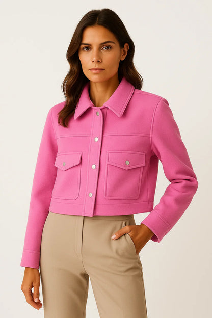 Women's Jacket Dark Blue Polyester Elegant Long Sleeve Buttons Pockets Loose Fit