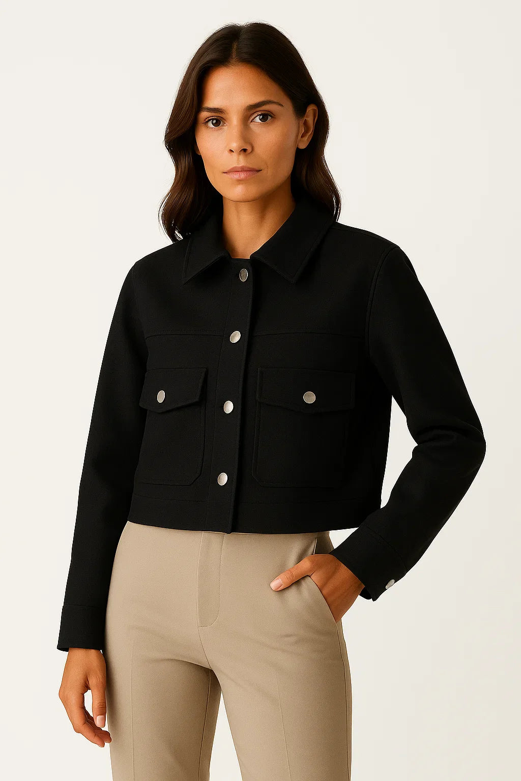 Women's Jacket Dark Blue Polyester Elegant Long Sleeve Buttons Pockets Loose Fit