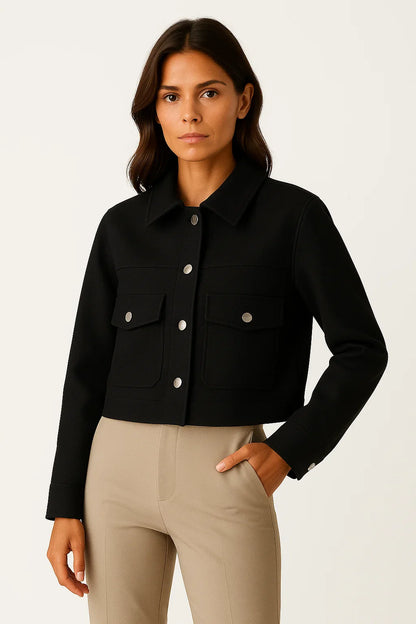 Women's Jacket Dark Blue Polyester Elegant Long Sleeve Buttons Pockets Loose Fit