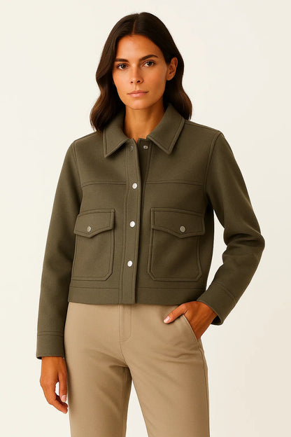 Women's Jacket Dark Blue Polyester Elegant Long Sleeve Buttons Pockets Loose Fit