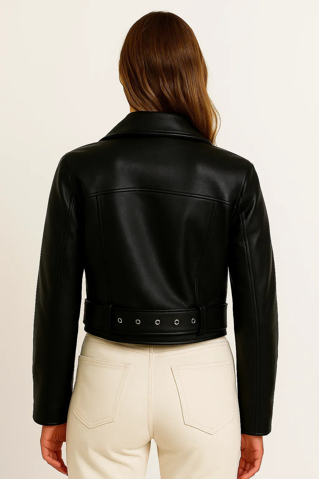Women's Jacket Oversized Black PU Leather Retro Biker With Belt Casual Fit