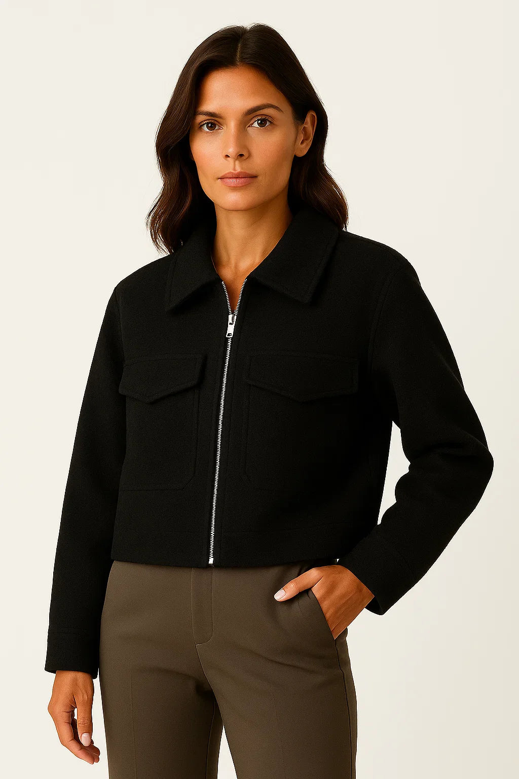 Women's Jacket Grey Vintage Long Sleeve With Pockets Zipper Elegant Collar Soft Fabric