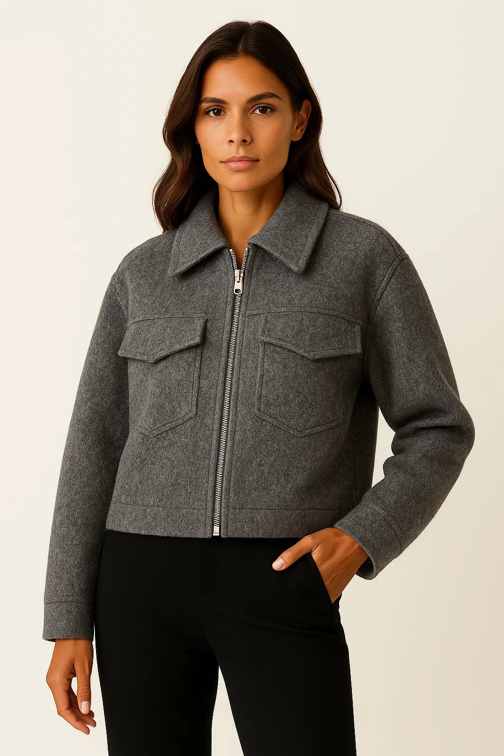 Women's Jacket Grey Vintage Long Sleeve With Pockets Zipper Elegant Collar Soft Fabric