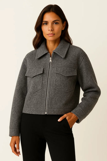 Women's Jacket Grey Vintage Long Sleeve With Pockets Zipper Elegant Collar Soft Fabric