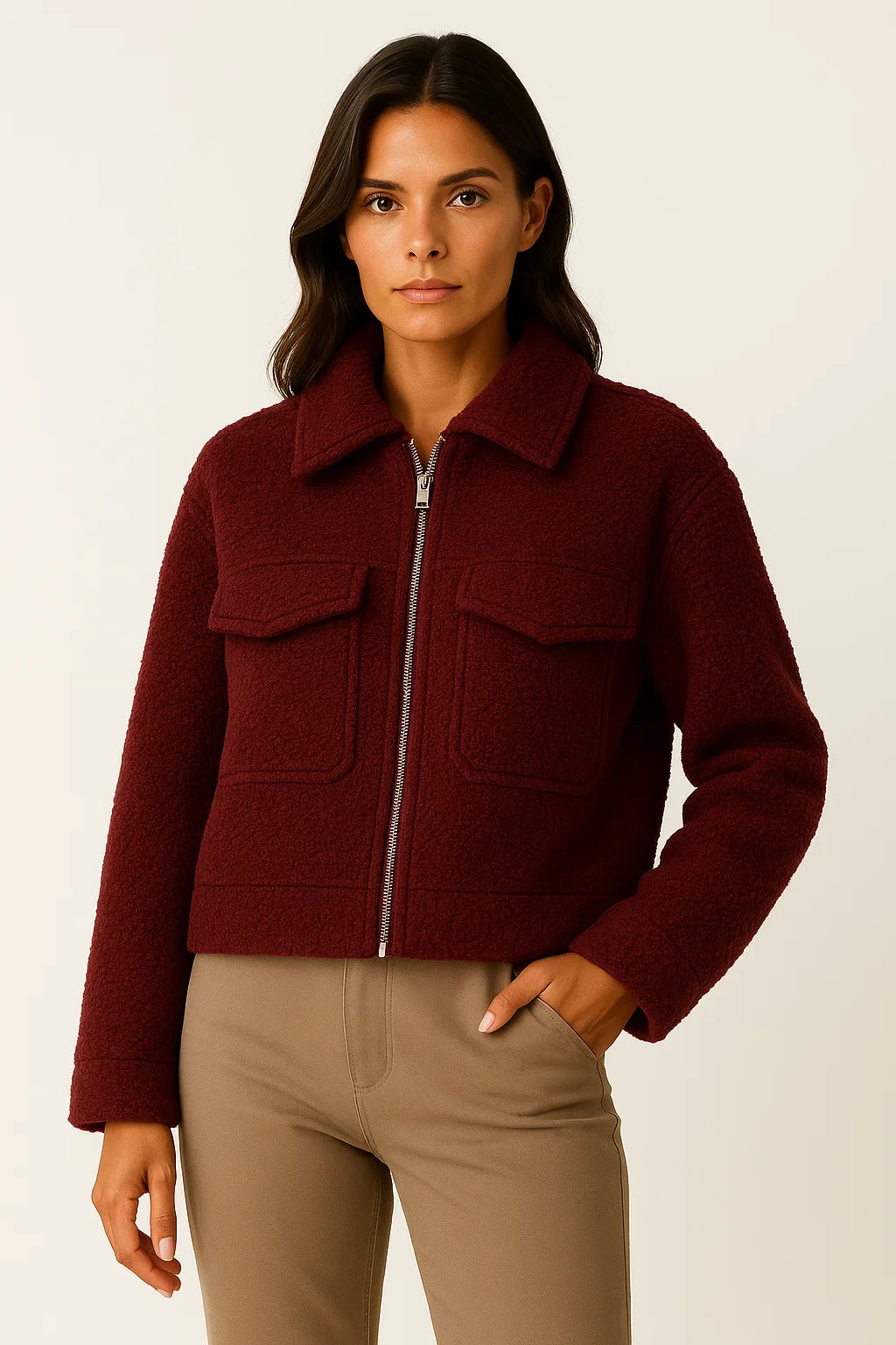 Women's Jacket Grey Vintage Long Sleeve With Pockets Zipper Elegant Collar Soft Fabric