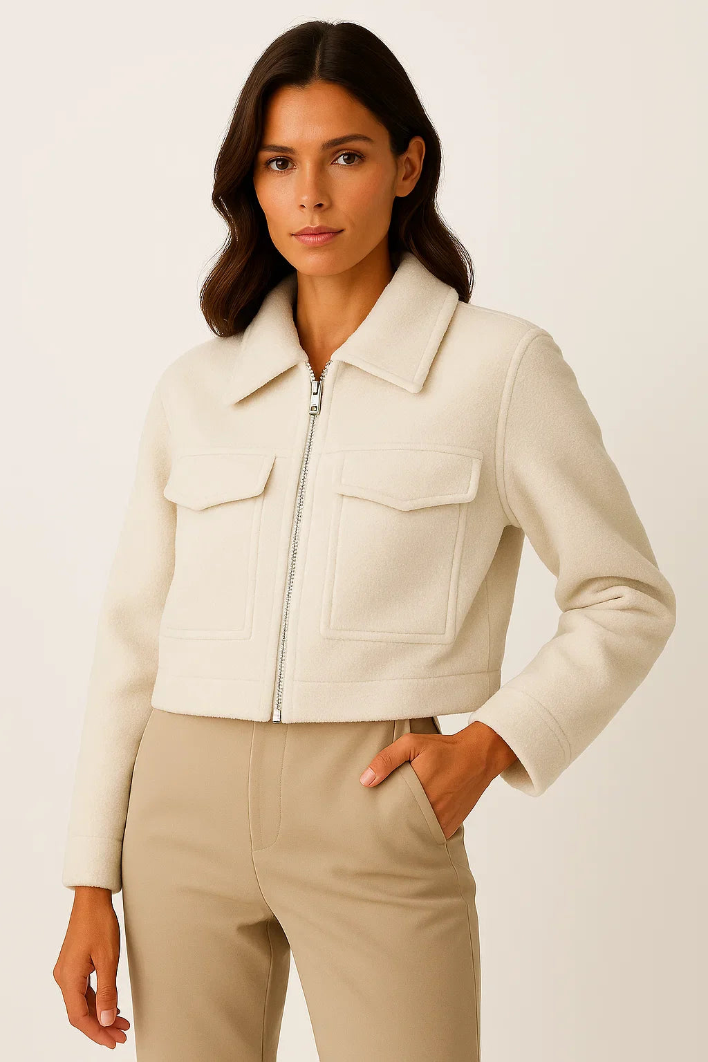Women's Jacket Grey Vintage Long Sleeve With Pockets Zipper Elegant Collar Soft Fabric
