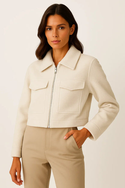 Women's Jacket Grey Vintage Long Sleeve With Pockets Zipper Elegant Collar Soft Fabric