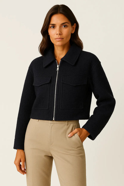 Women's Jacket Grey Vintage Long Sleeve With Pockets Zipper Elegant Collar Soft Fabric