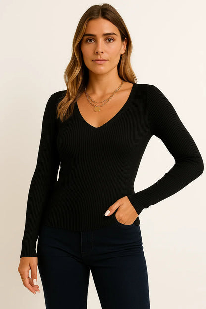 Women's Pullover Sweater V-Neck Ribbed Stripes Long Sleeve Soft Knit Autumn Winter Casual