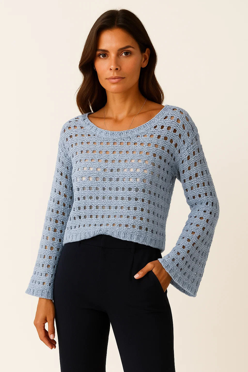 Women's Crochet Top White Wool Knit Long Sleeve Crop Pullover Beach Bikini Cover Up