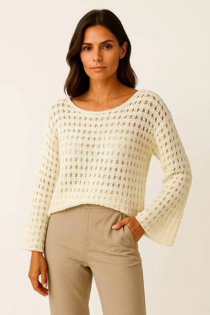 Women's Crochet Top White Wool Knit Long Sleeve Crop Pullover Beach Bikini Cover Up