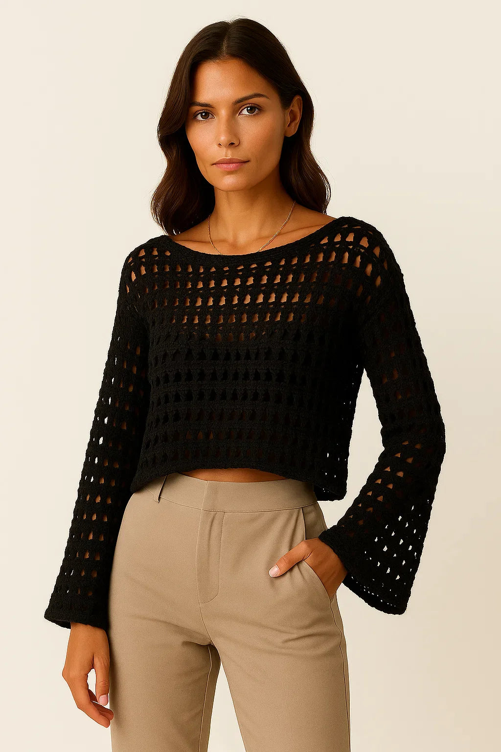 Women's Crochet Top White Wool Knit Long Sleeve Crop Pullover Beach Bikini Cover Up