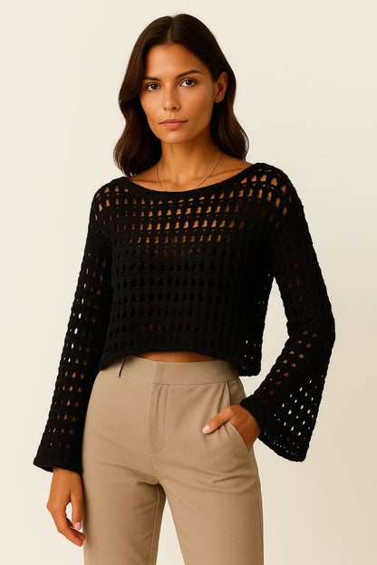 Women's Crochet Top White Wool Knit Long Sleeve Crop Pullover Beach Bikini Cover Up
