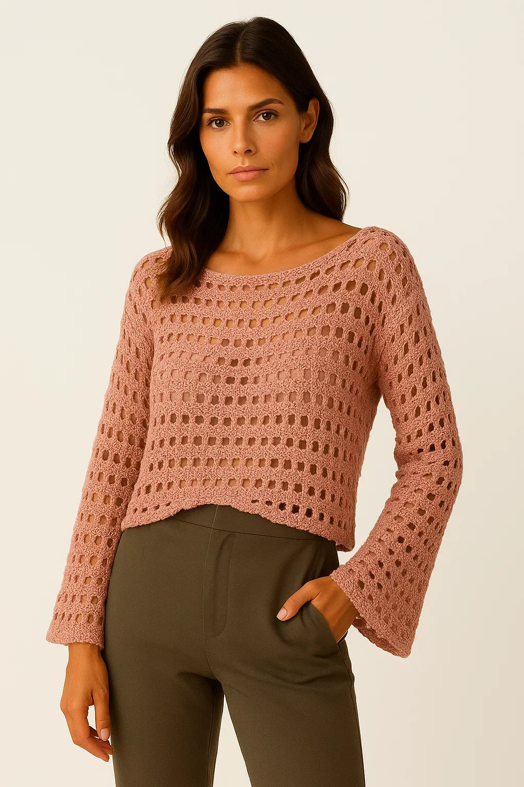 Women's Crochet Top White Wool Knit Long Sleeve Crop Pullover Beach Bikini Cover Up