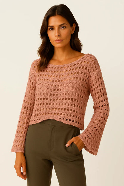 Women's Crochet Top White Wool Knit Long Sleeve Crop Pullover Beach Bikini Cover Up