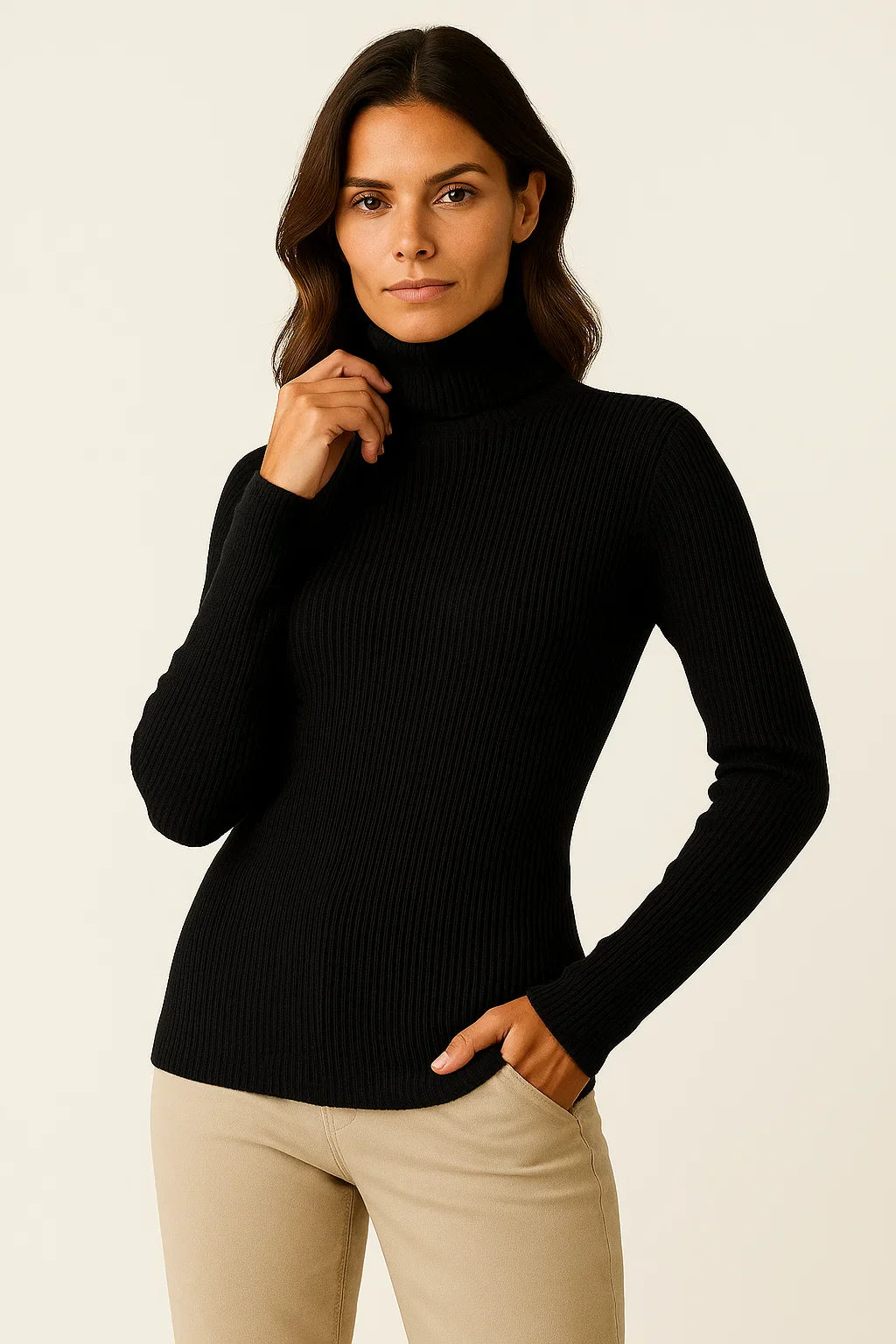 Women's Turtleneck Sweater Beige Cashmere Soft Knit Pullover