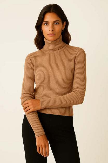 Women's Turtleneck Sweater Beige Cashmere Soft Knit Pullover