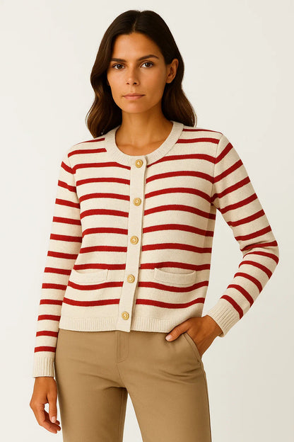 Women's Striped Cardigan White Soft Knit O-neck Long Sleeve Crop Top Casual Chic