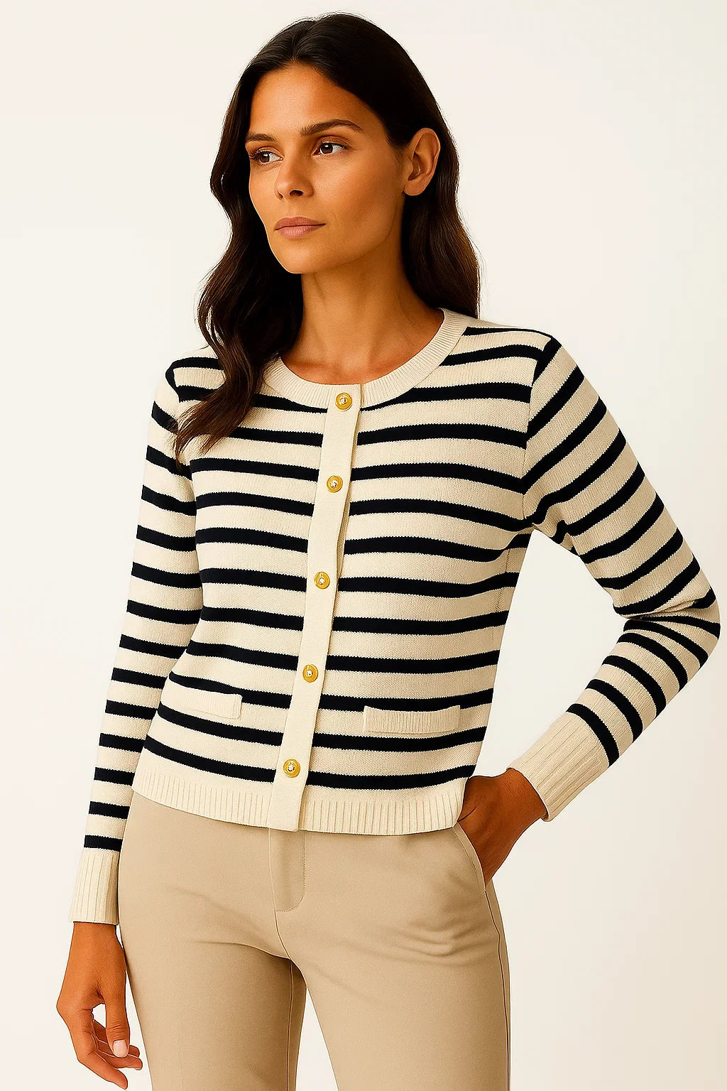 Women's Striped Cardigan White Soft Knit O-neck Long Sleeve Crop Top Casual Chic