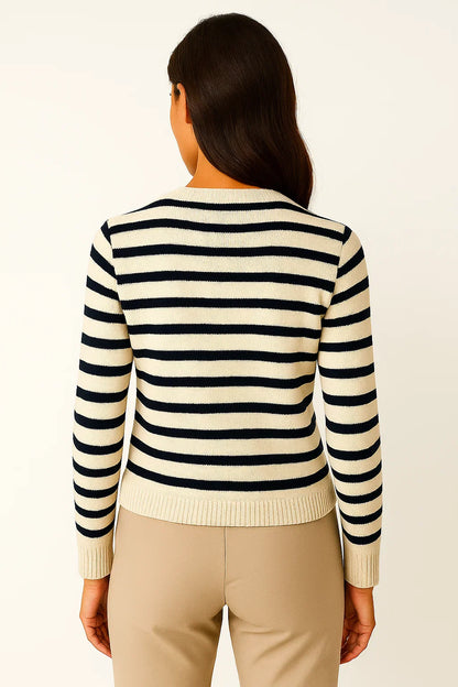Women's Striped Cardigan White Soft Knit O-neck Long Sleeve Crop Top Casual Chic