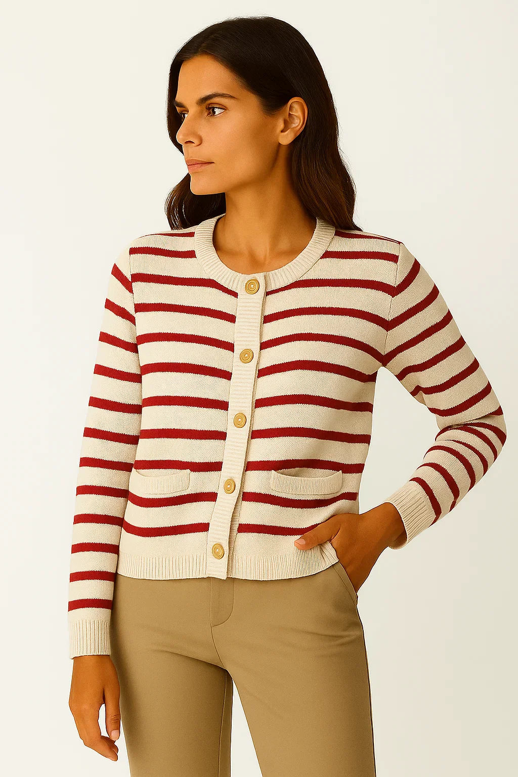 Women's Striped Cardigan White Soft Knit O-neck Long Sleeve Crop Top Casual Chic