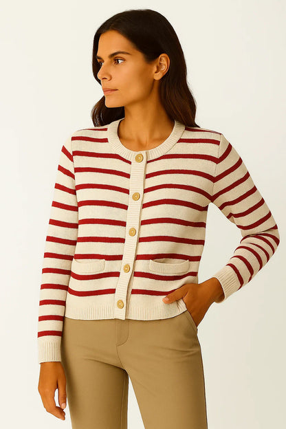 Women's Striped Cardigan White Soft Knit O-neck Long Sleeve Crop Top Casual Chic