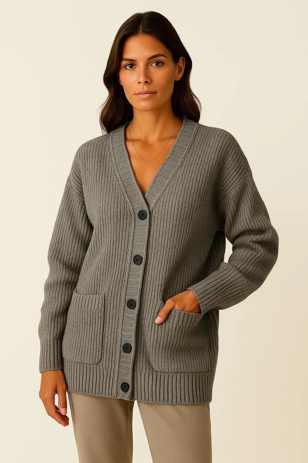 Women's Long Cardigan High Elastic Knit V-Neck Loose Fit Gray