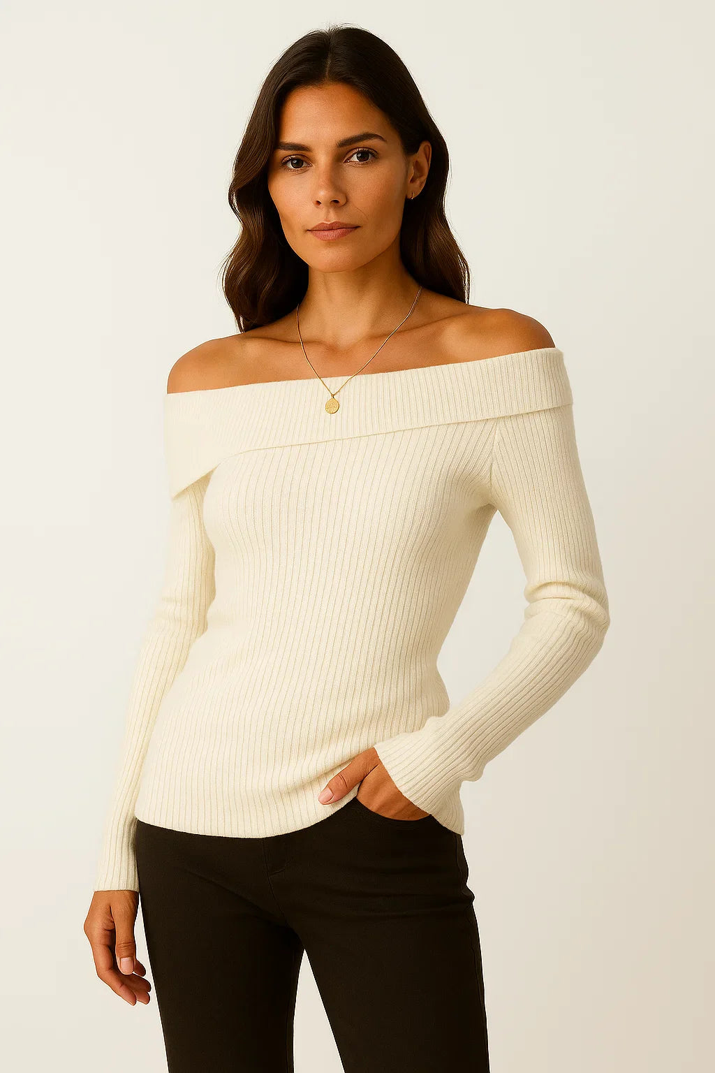 Women's Sweater Soft Knit Off-Shoulder Long Sleeve Slim Fit