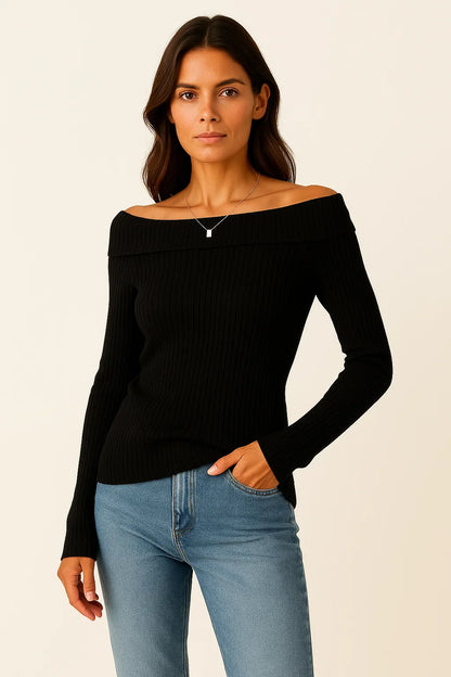 Women's Sweater Soft Knit Off-Shoulder Long Sleeve Slim Fit