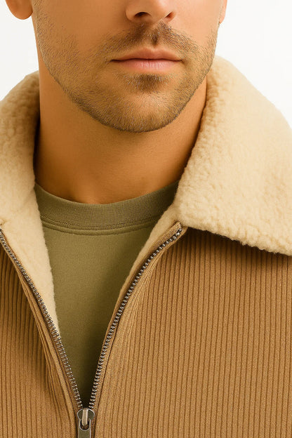 Men's Winter Jacket Grey Fleece Lined Ribbed High Collar Comfortable Stylish