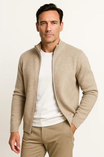 Men's Zip Up Cardigan 100% Merino Wool Thickened Mock Collar Sweater