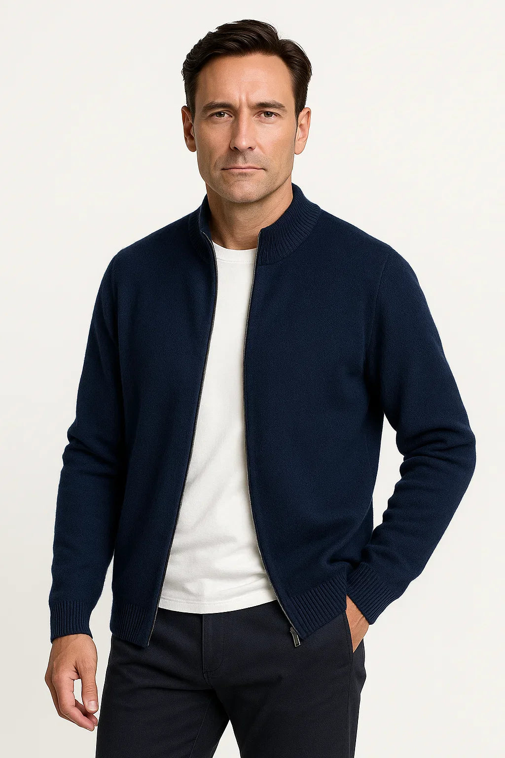 Men's Zip Up Cardigan 100% Merino Wool Thickened Mock Collar Sweater