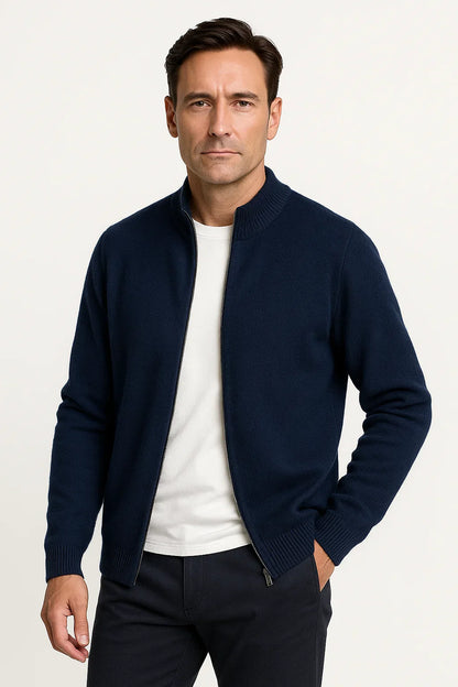 Men's Zip Up Cardigan 100% Merino Wool Thickened Mock Collar Sweater