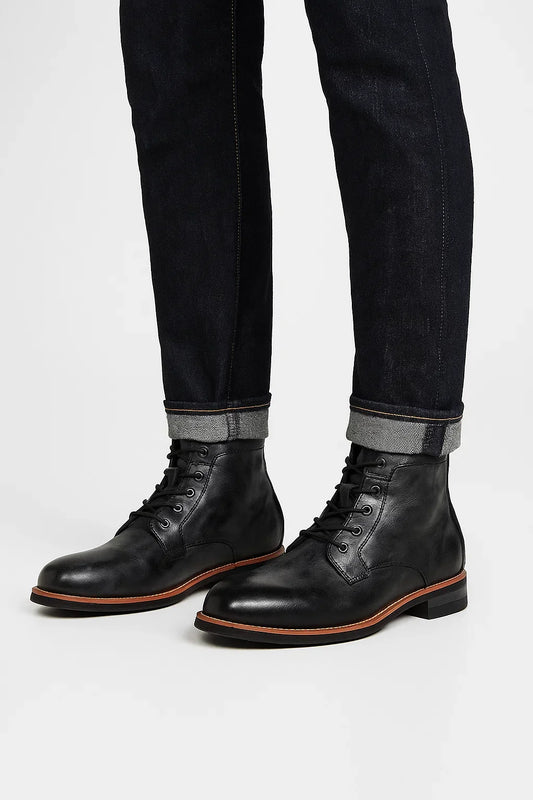 Men's Leather Ankle Boots Lace-Up Comfort Durable Black
