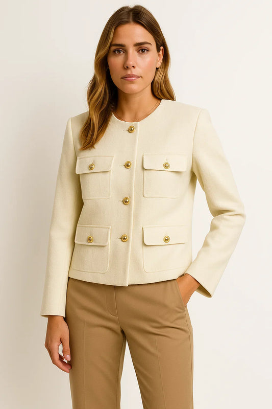 Women's Cropped Jacket Tweed Long Sleeve Elegant Coat