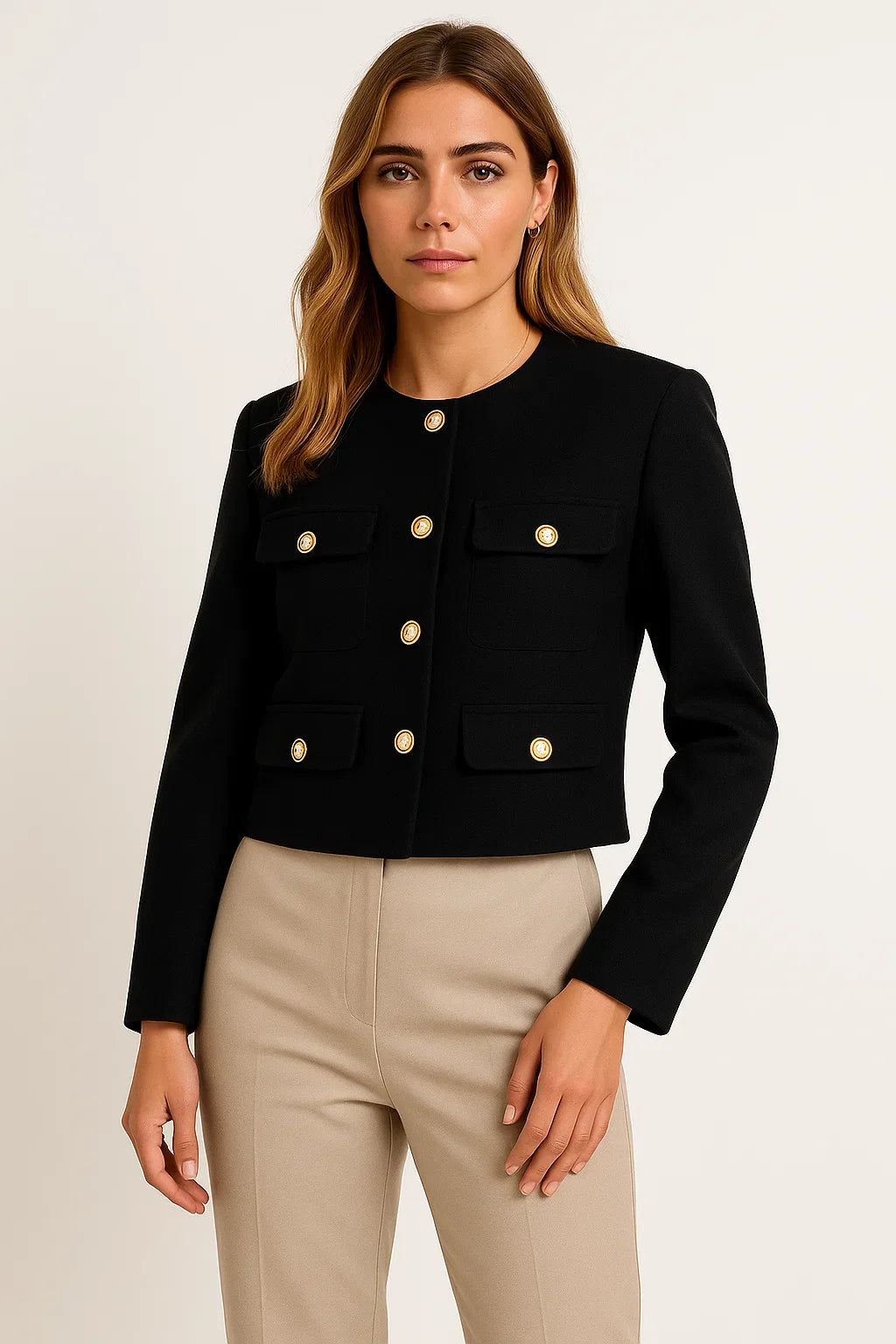 Women's Cropped Jacket Tweed Long Sleeve Elegant Coat
