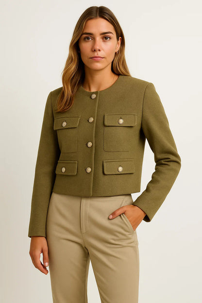 Women's Cropped Jacket Tweed Long Sleeve Elegant Coat