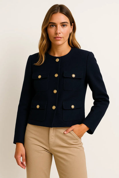Women's Cropped Jacket Tweed Long Sleeve Elegant Coat