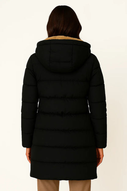 Women's Black Puffer Jacket Insulated Polyester Elegant Design for Fall and Winter